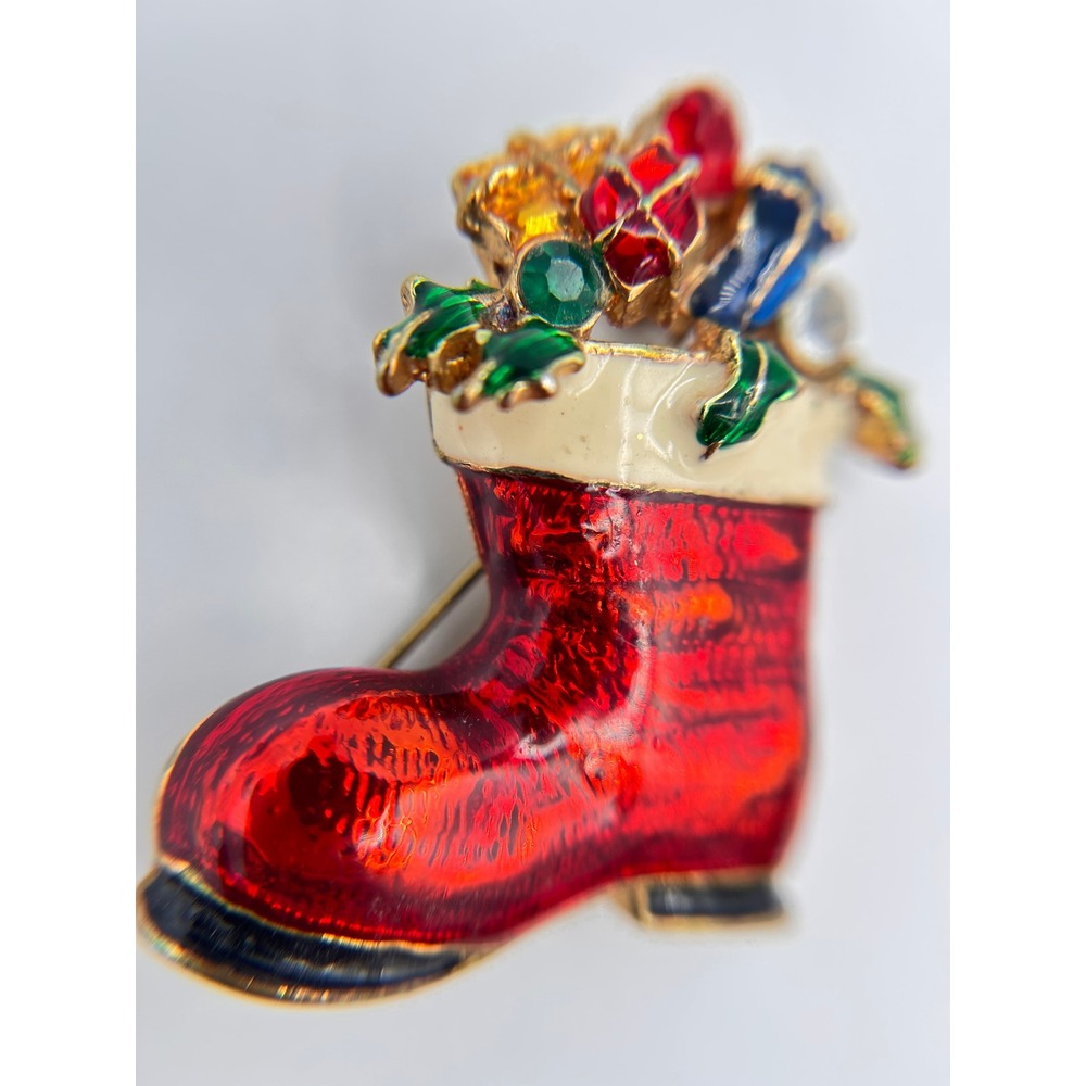 Christmas Stocking Brooch Womens OS Red Good Enamel Rhinestone Pin